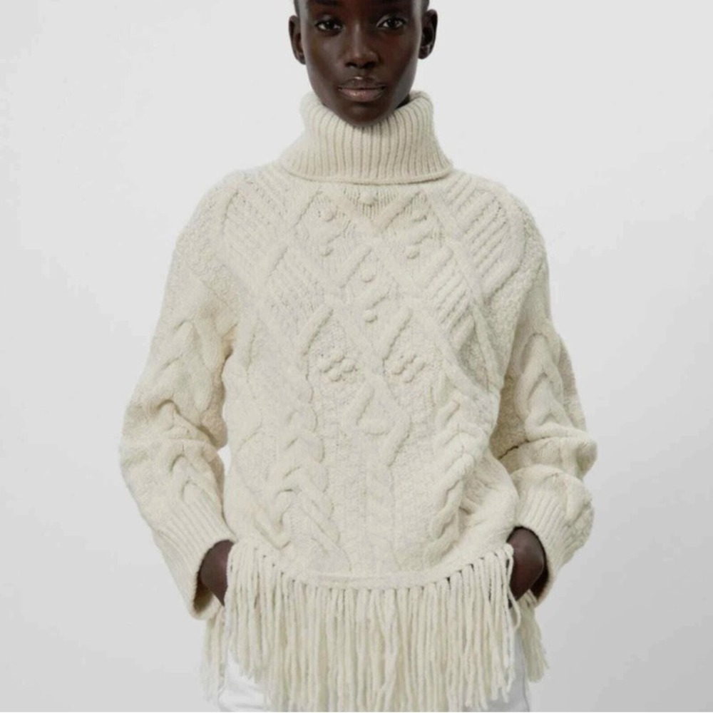 Easel Cable Knit Cowl Neck Sweater Women's Size Large Ivory Fringe Fisherman